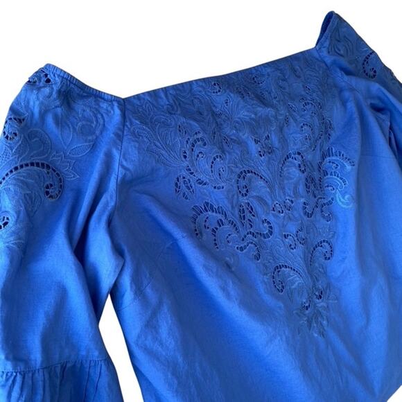 Chico's Royal Blue Off the Shoulder Top with Bell Sleeves - Size 2 Large - Picture 2 of 7